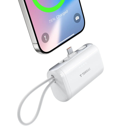 TORRAS white PocketVolt 5000mAh power bank with built-in USB-C charging phone.