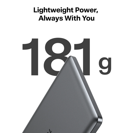TORRAS MiniMag 10k mAh power bank, 181g. Lightweight dark grey design.