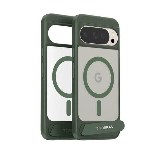 TORRAS Ostand L1 dark green magnetic case for Pixel 10 Pro XL with kickstand and Google logo