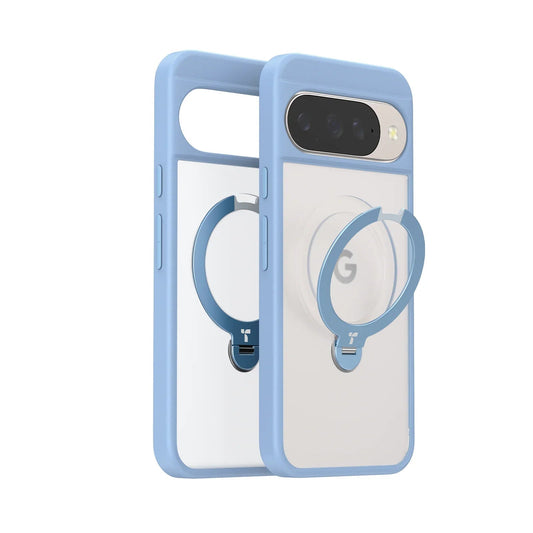 TORRAS Ostand Q3 Spin case: light blue bumper, clear back, magnetic ring stand for Google Pixel 10/10 Pro