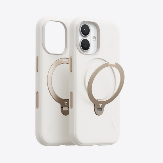 TORRAS Ostand Q3 off-white silicone case with beige-gold magnetic stand for iPhone 17