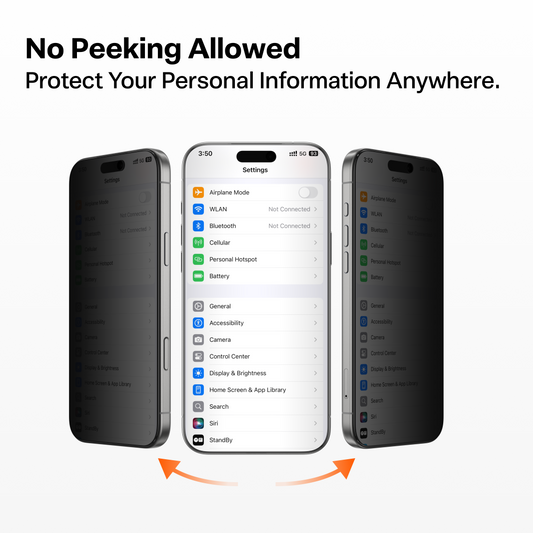 TORRAS GlassGo iPhone 17 Pro Max privacy screen protector with 'No Peeking Allowed' text.