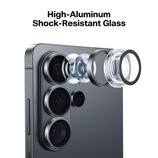 Detailed view of Samsung S26 Ultra camera lenses with protective rings and glass components.