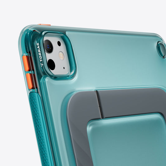 TORRAS Ostand K3 Neo teal case for iPad Pro 11 inch with orange buttons and stand.