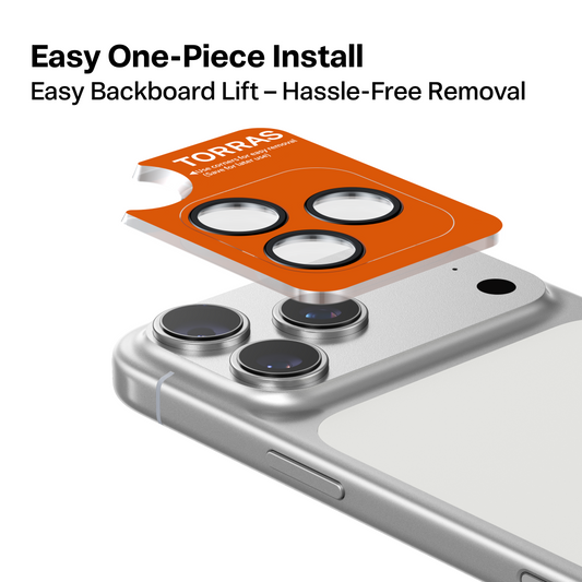 TORRAS orange template for iPhone 17 camera lens protector, easy install & removal.