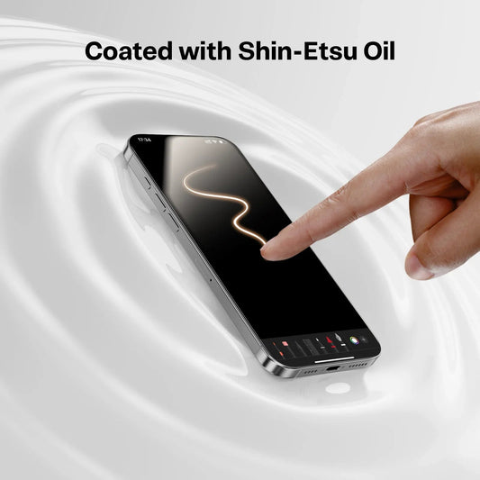TORRAS GlassGo screen protector for iPhone 15, coated with Shin-Etsu Oil, showing smooth touch.
