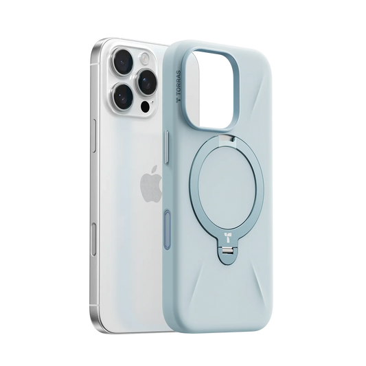 TORRAS Ostand Q3 light blue silicone iPhone 16 Pro Max case featuring magnetic ring stand