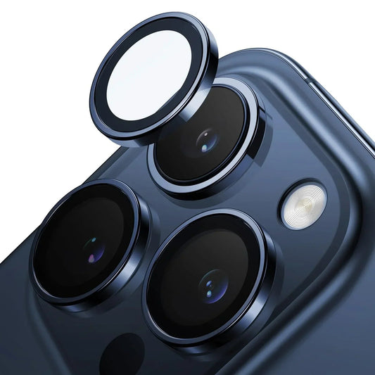 TORRAS blue Lensguard camera protector for iPhone 15 Pro Max with clear glass & metal rim