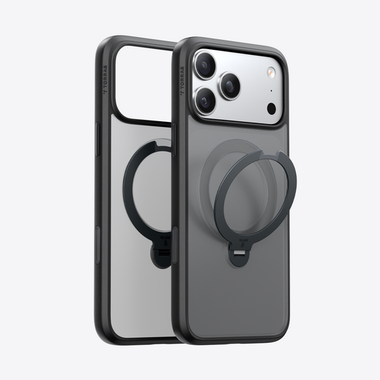Black TORRAS Ostand Q3 Spin case for iPhone 17 Pro Max with integrated 360° magnetic spin stand.