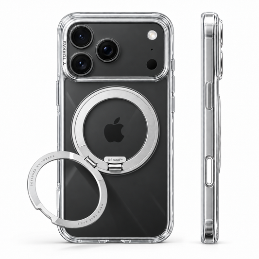O1S clear case on Deep Black phone, rear and side views