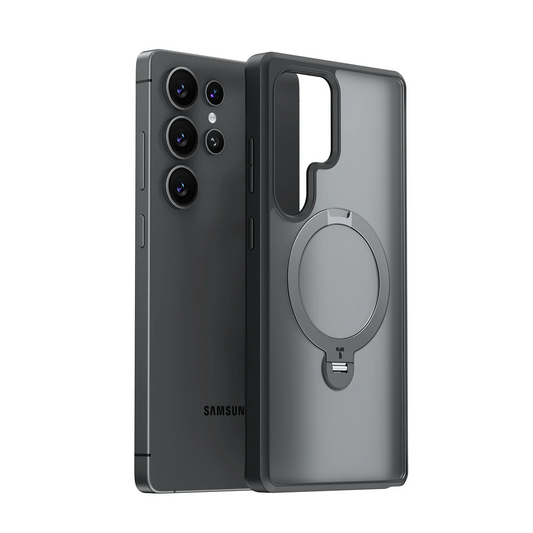TORRAS Ostand Q3 Spin case for Samsung S25 Ultra, translucent dark grey, with MagSafe ring and kickstand.