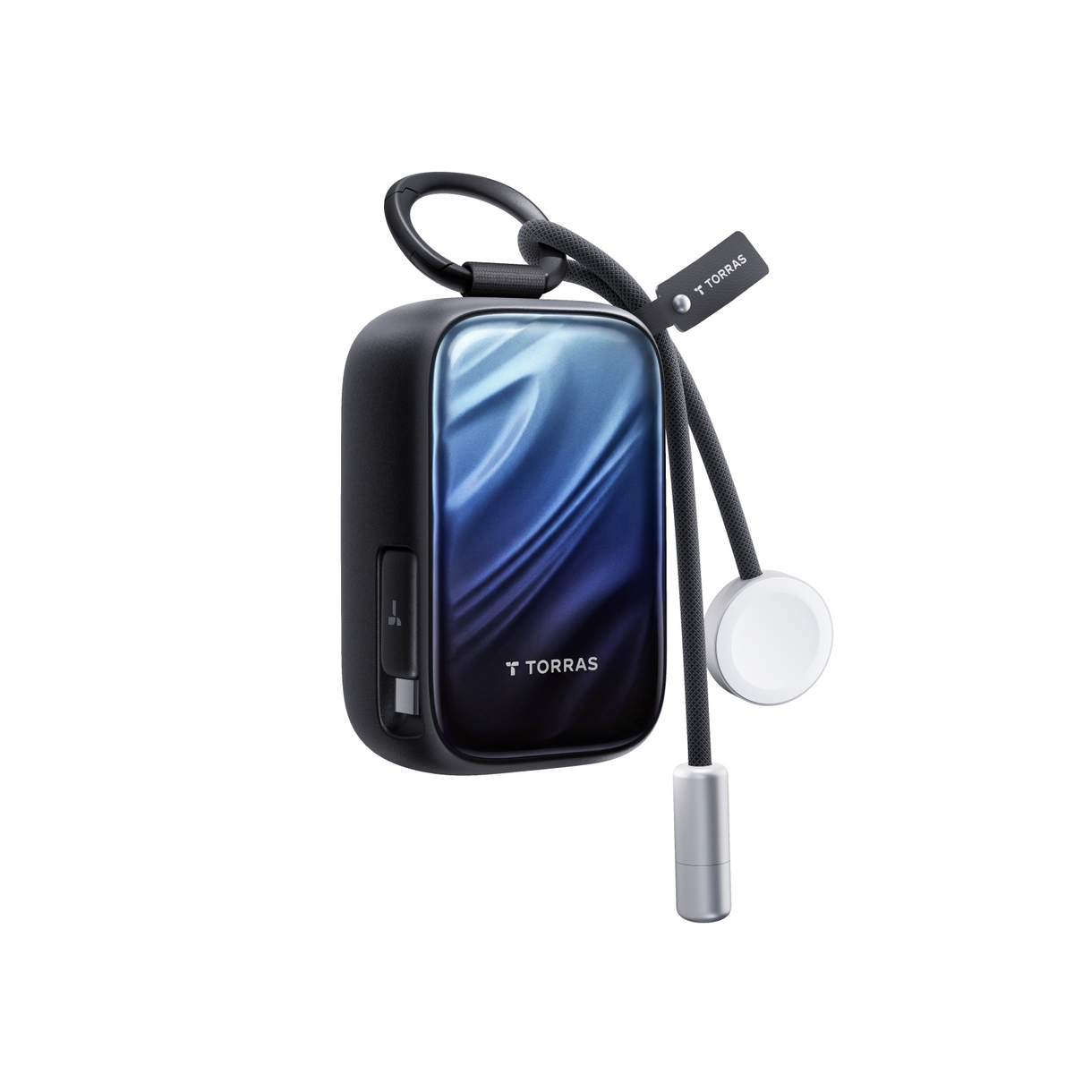 Navy PearlGo 10K power bank with attached cable and lanyard