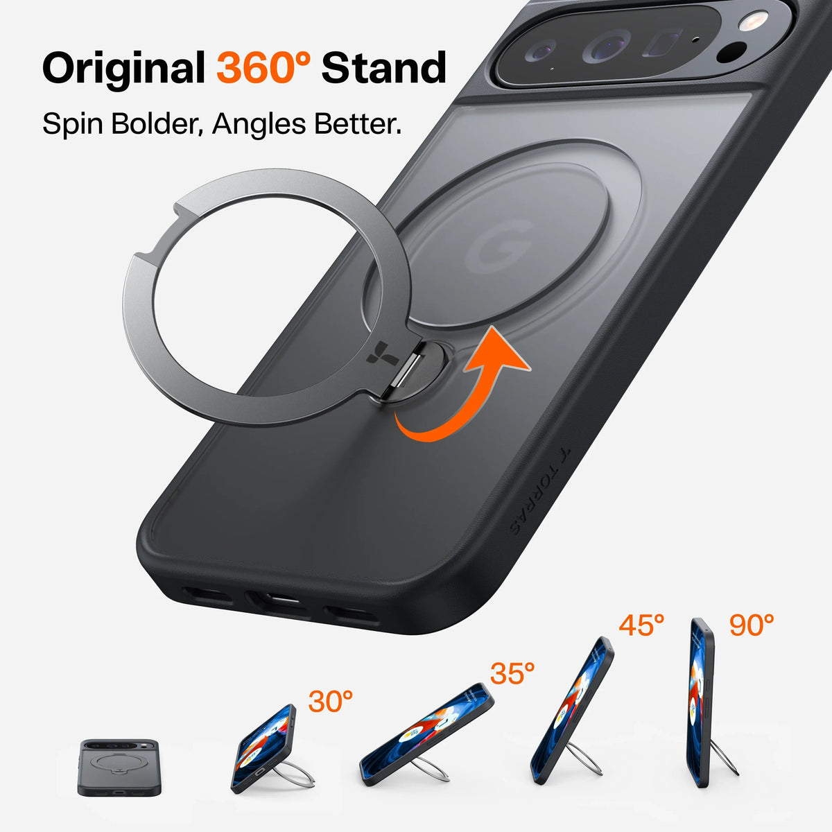 TORRAS Ostand Q3 Spin case for Google Pixel with 360° magnetic stand, showing 30°-90° angles.