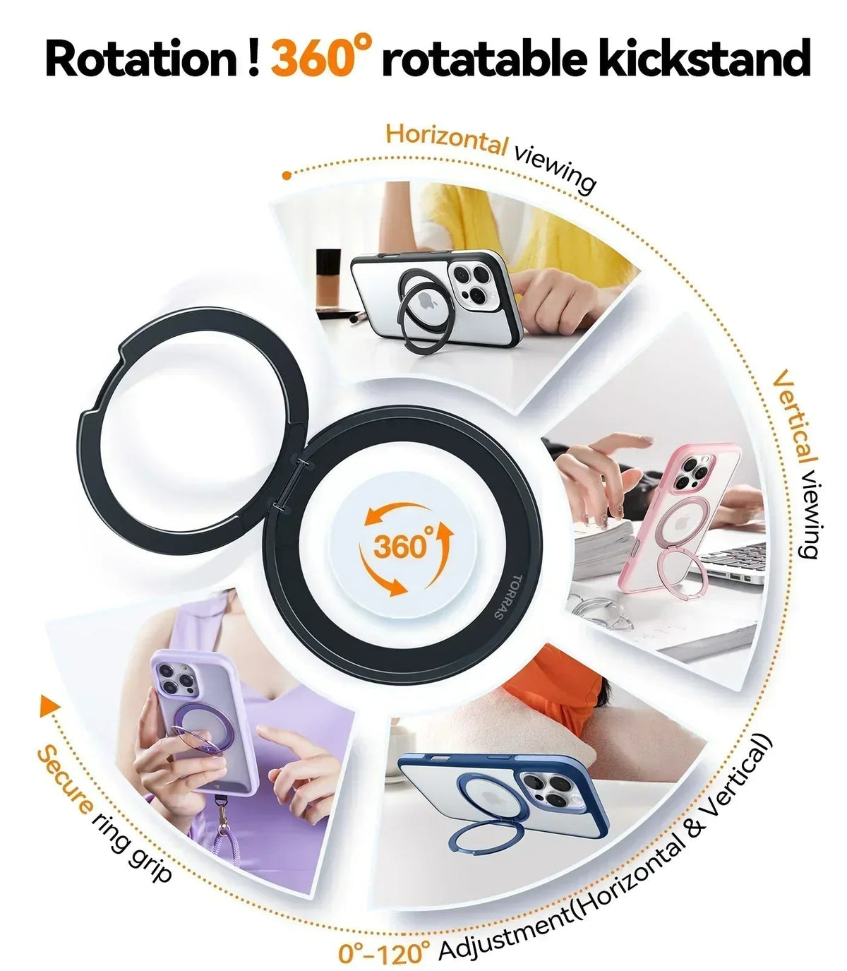 TORRAS Ostand R Fusion iPhone 16 Pro case with 360° rotatable kickstand and secure ring grip.