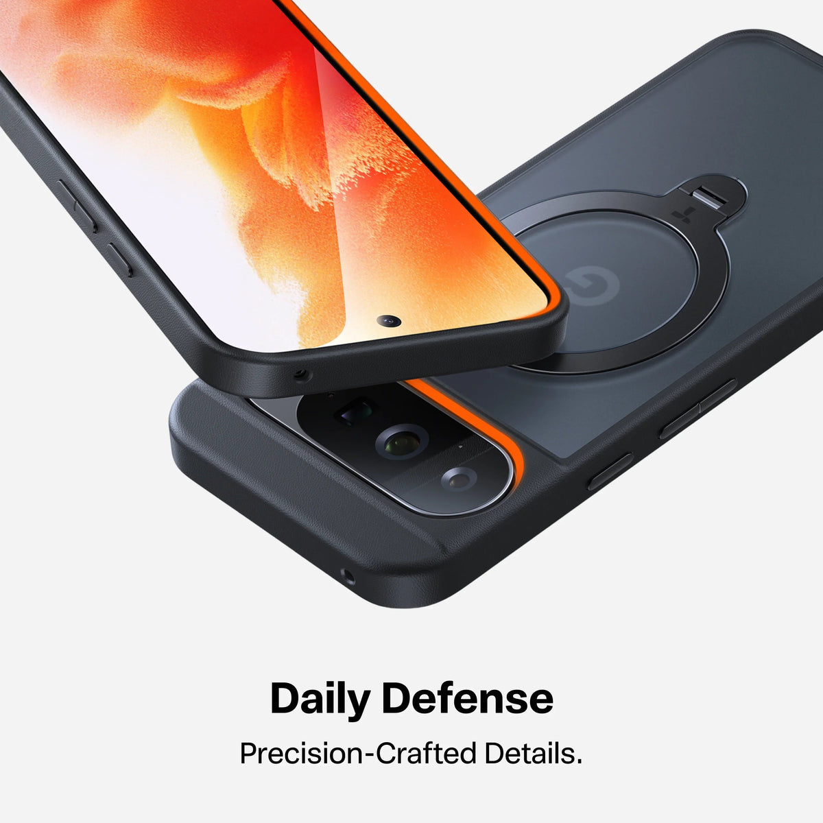 TORRAS Ostand Q3 Spin Google Pixel 10/10 Pro case for daily defense, dark grey with orange accent & magnetic stand.