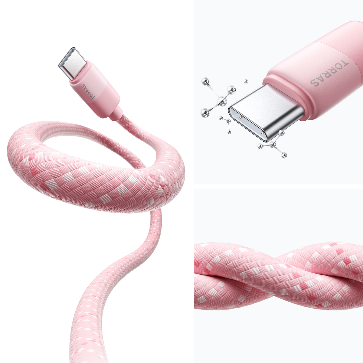 TORRAS NeoCable pink braided cable with USB-C connector and woven texture detail