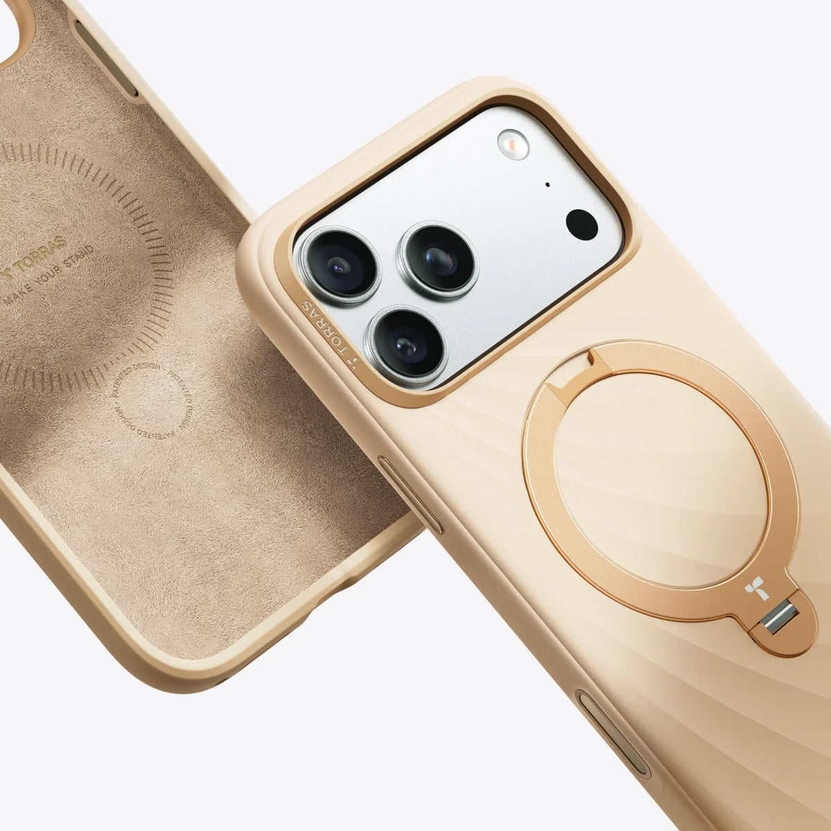 TORRAS Ostand Q3 silicone case with magnetic stand for iPhone 17 Pro Max, sand color.