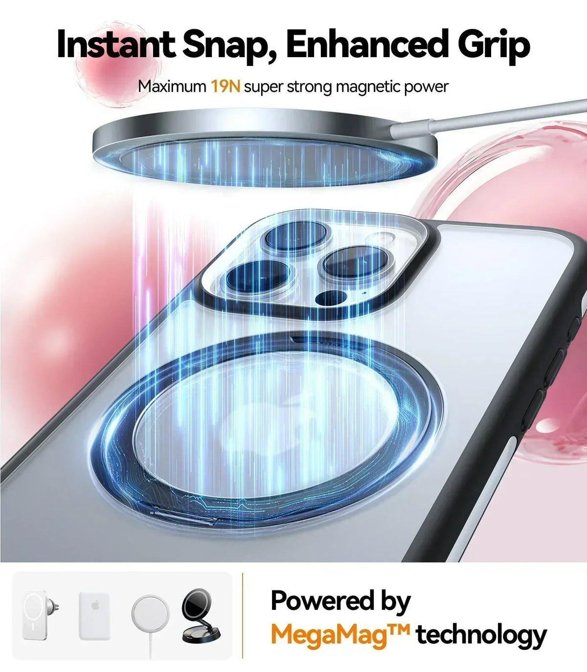 TORRAS Ostand R Fusion iPhone 16 Pro case with 19N MegaMag™ magnetic instant snap.