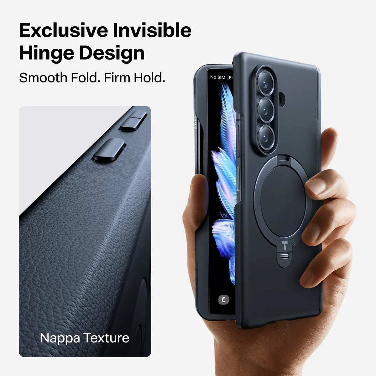 TORRAS Ostand Q3 Spin case for Samsung Z Fold 7, showing Nappa texture and exclusive invisible hinge.