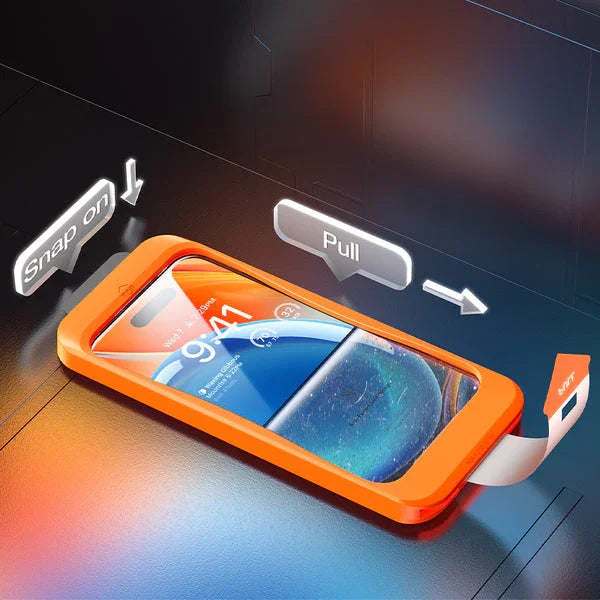 TORRAS GlassGo screen protector installation guide for iPhone 13: 'Snap on' & 'Pull' steps.