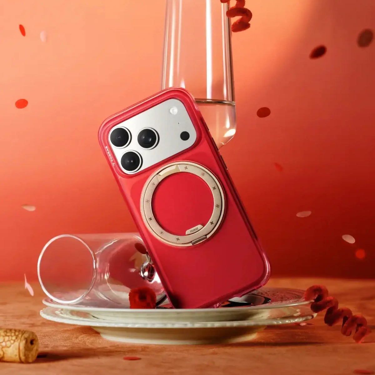 Red Year of the Horse TORRAS iPhone 17 Series case with HORSE magnetic stand