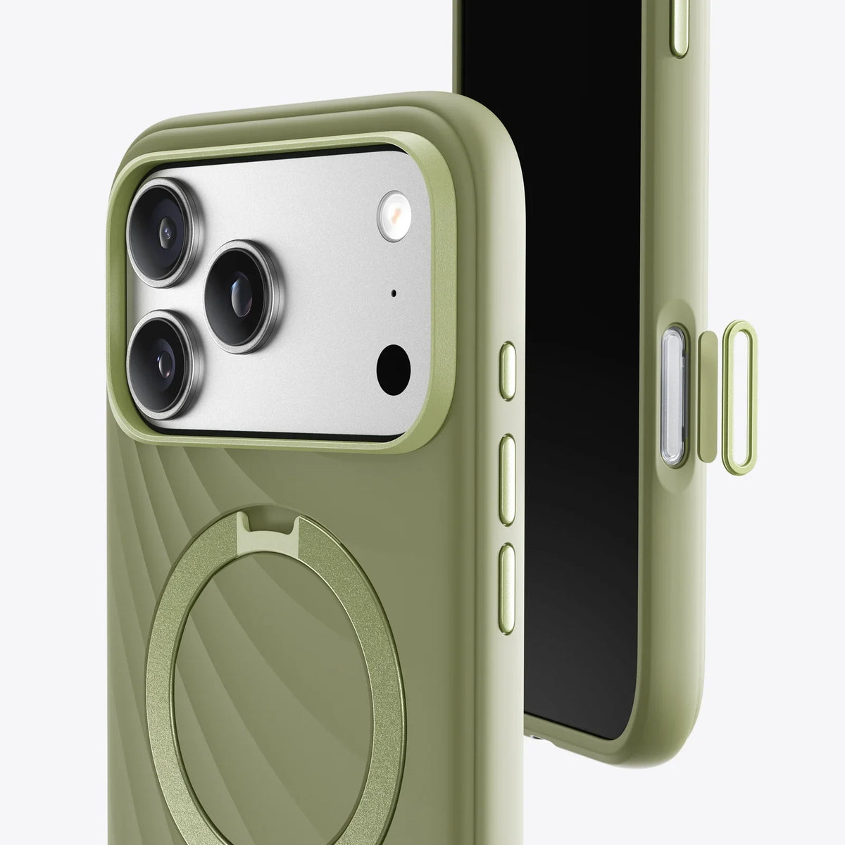 TORRAS Ostand Q3 sage green silicone case for iPhone 17 Pro Max with magnetic stand ring