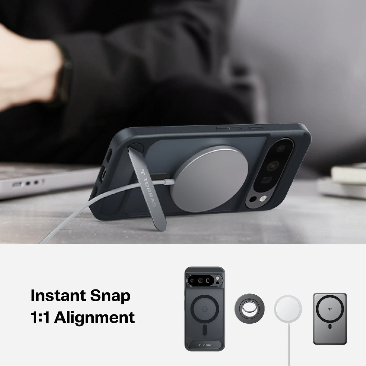 TORRAS Ostand L1 case for Pixel 10 Pro XL: magnetic stand, instant 1:1 alignment.