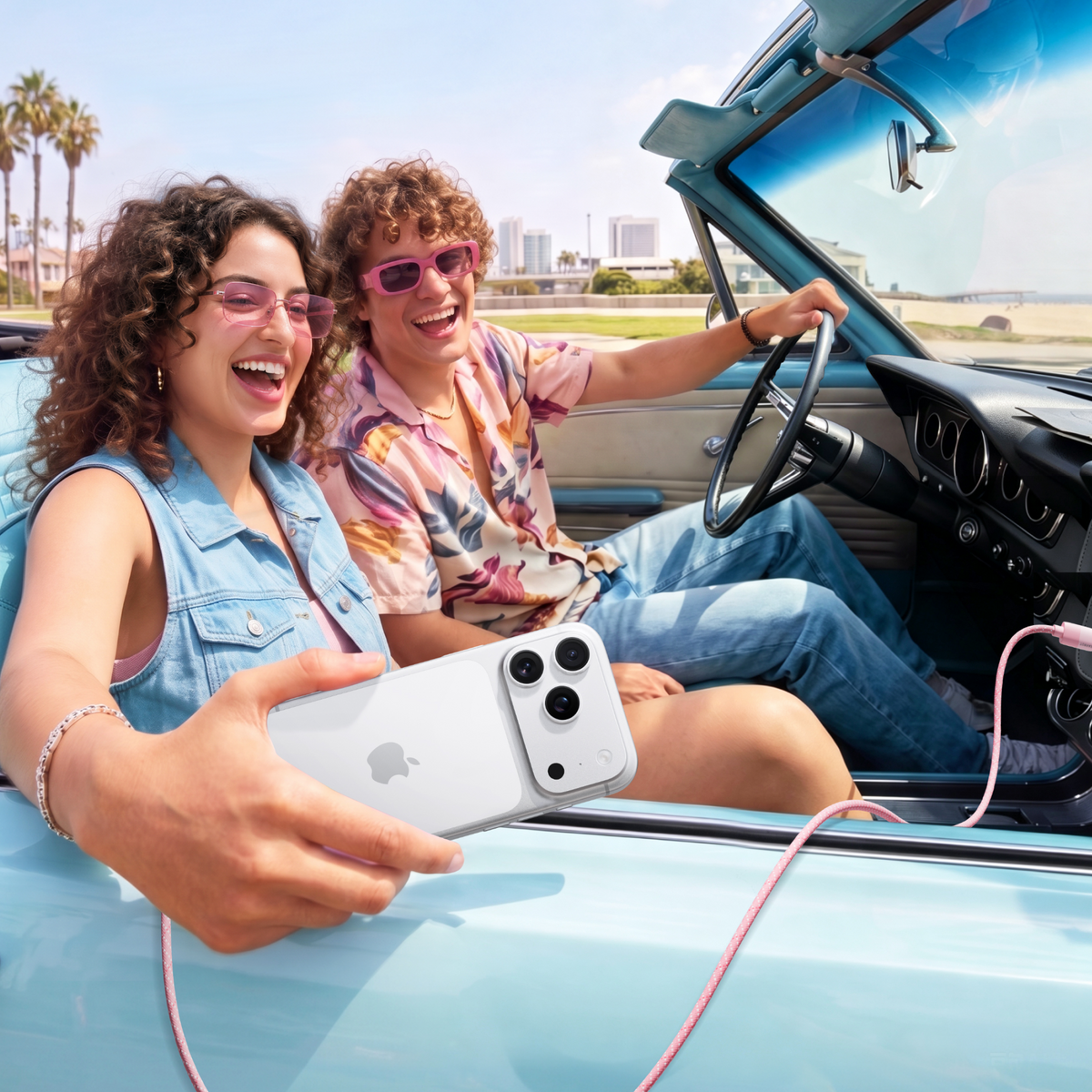 Two friends in a convertible with an iPhone charging on a pink TORRAS cable