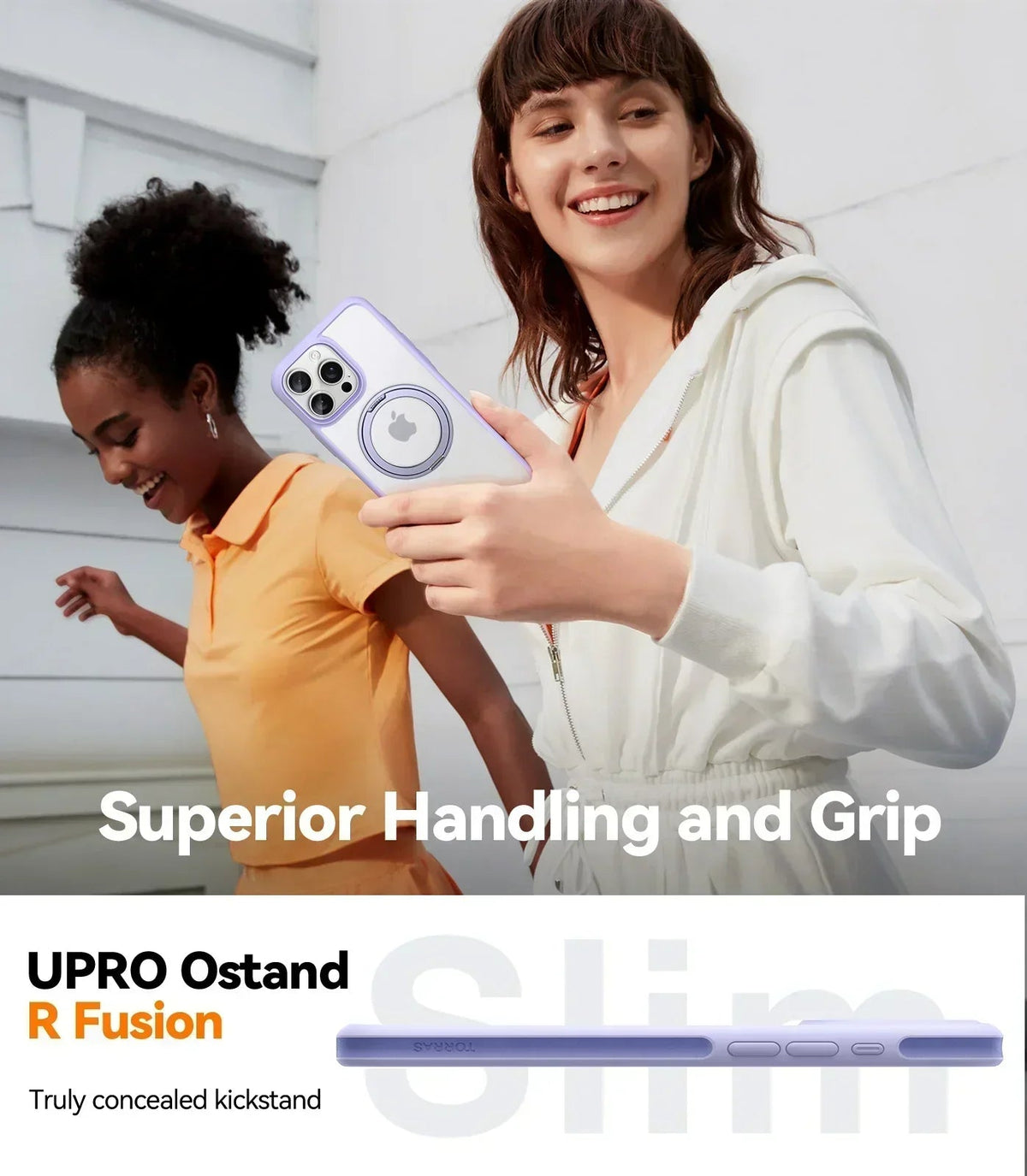 TORRAS UPRO Ostand R Fusion iPhone 16 Pro case, clear with purple magnetic kickstand & superior grip.