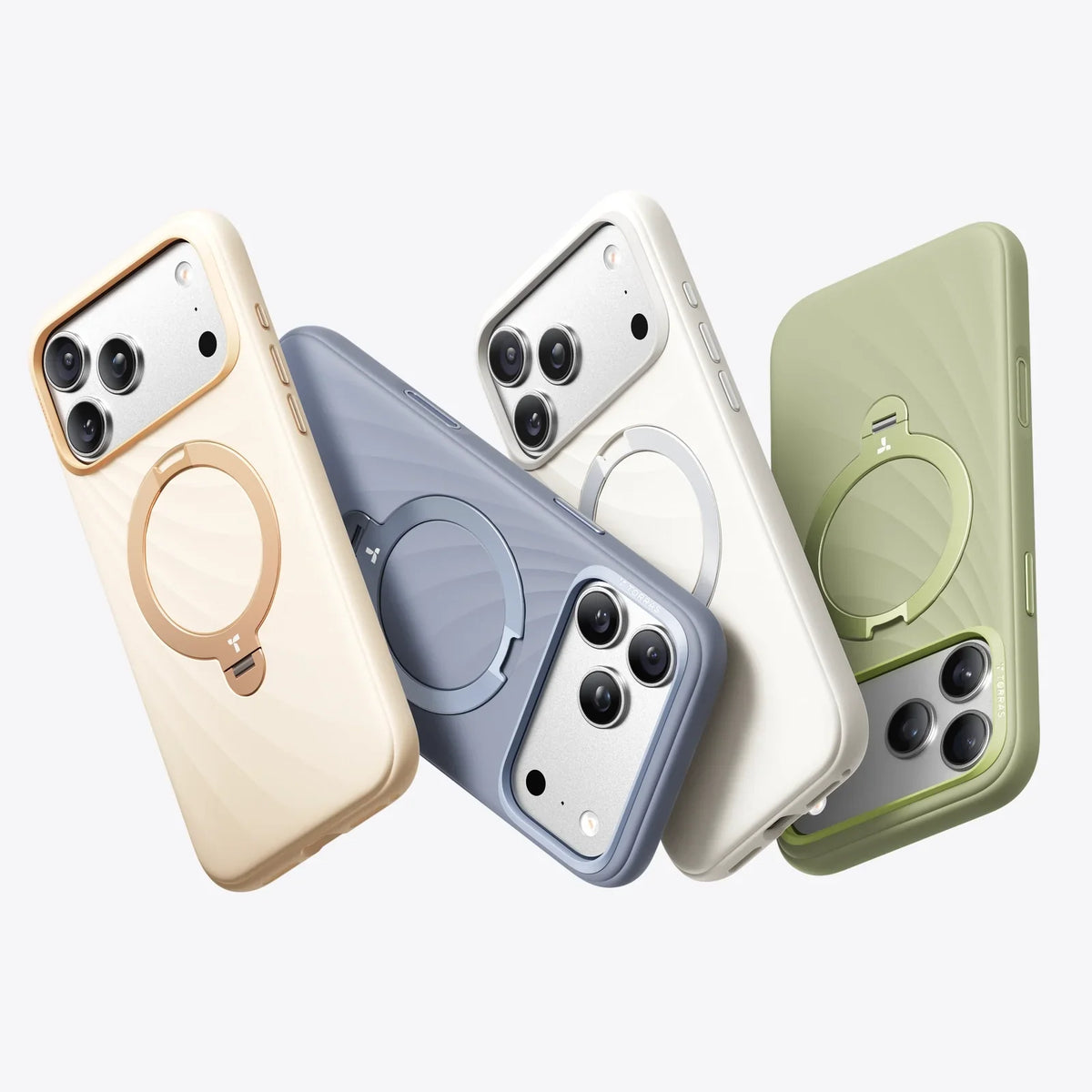 TORRAS Ostand Q3 silicone iPhone 17 Pro Max cases in beige, blue, white, green with ring stands.