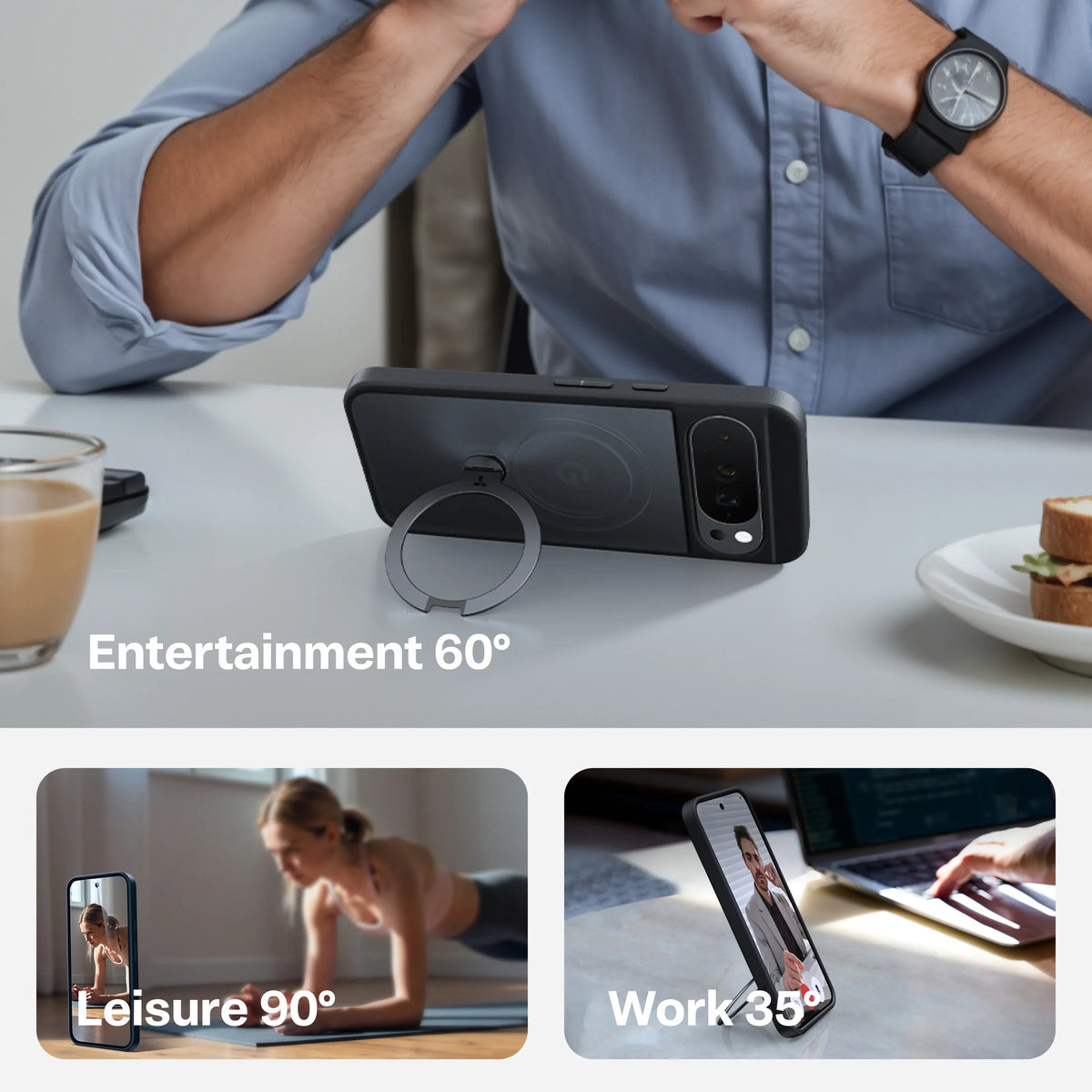 TORRAS Ostand Q3 Spin magnetic stand case for Google Pixel, versatile viewing angles 60/90/35°.