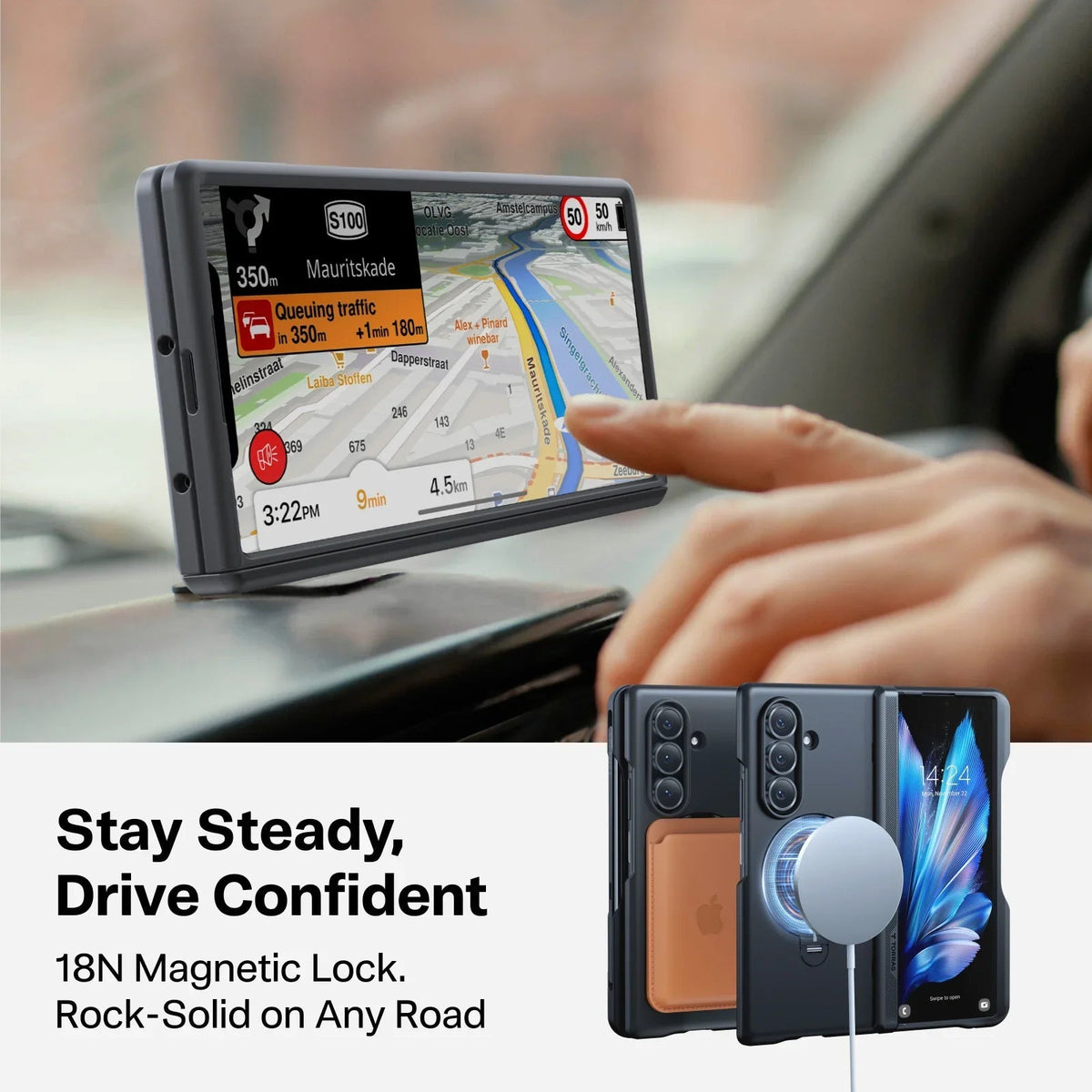 TORRAS Ostand Q3 Spin magnetic case for Samsung Z Fold 7 in car mount with 18N lock.