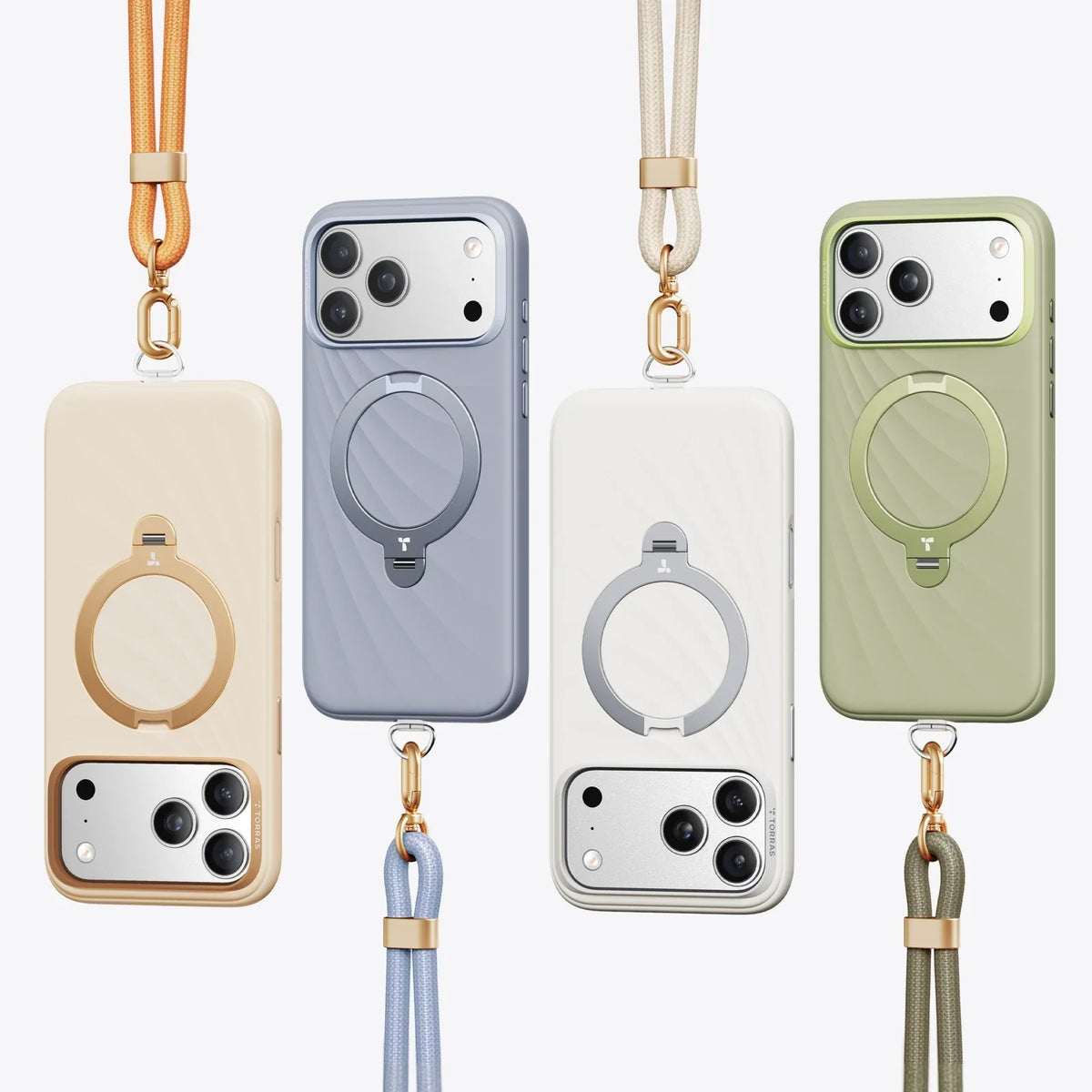 TORRAS Ostand Q3 Silicone Wind Limited iPhone 17 Pro cases in beige, blue, white, green with lanyards.