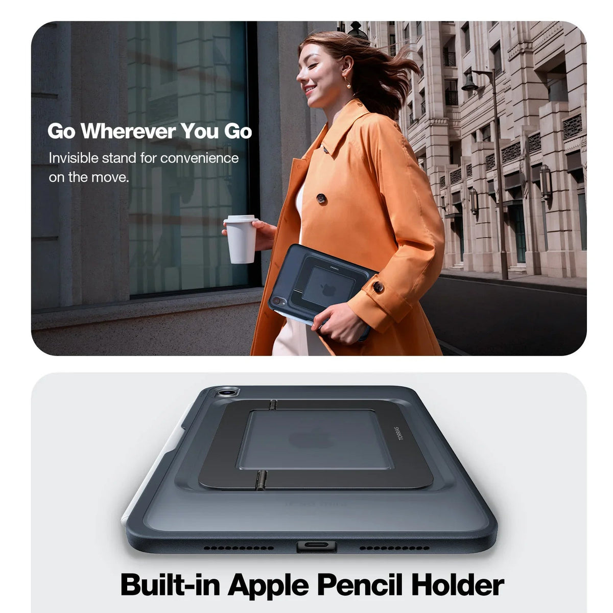 TORRAS Ostand case for iPad Mini 6/7 with integrated stand and Apple Pencil holder.