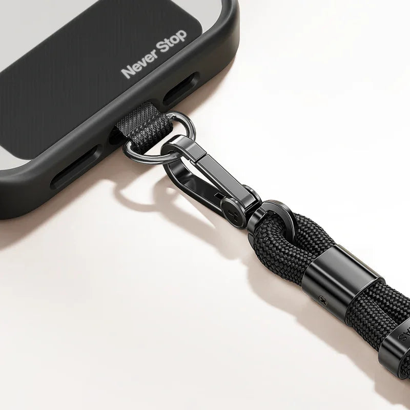 TORRAS LoopGo Flex black phone lanyard, zinc alloy clasp, braided rope, 'Never Stop' case