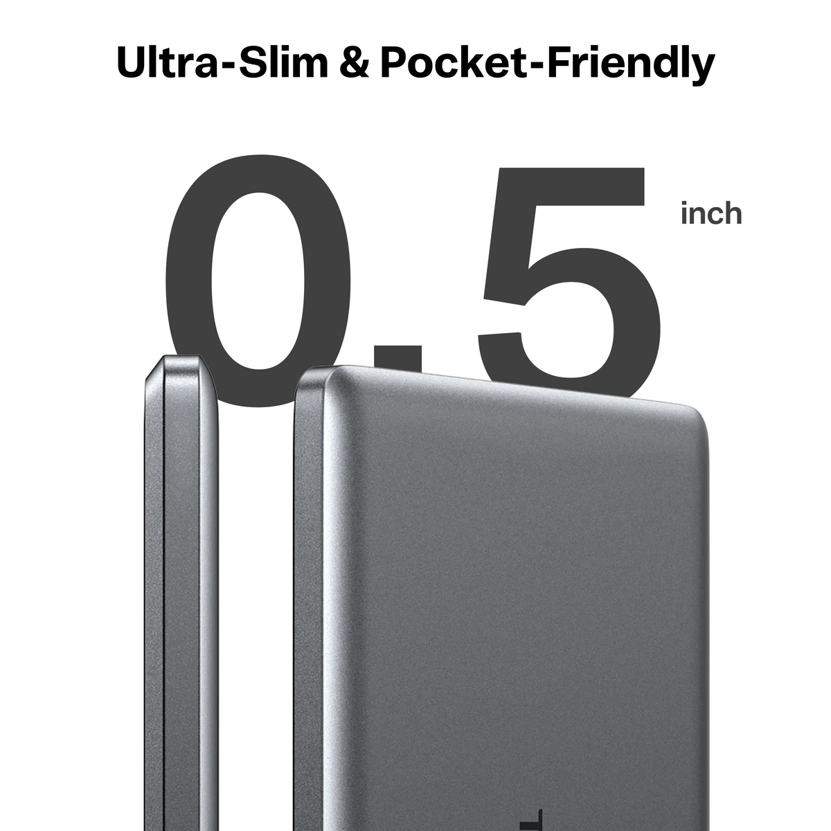TORRAS MiniMag power bank showing its 0.5 inch ultra-slim and pocket-friendly design.