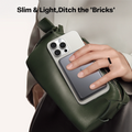 TORRAS MiniMag 10k mAh slim magnetic power bank attached to phone. 'Slim & Light'.