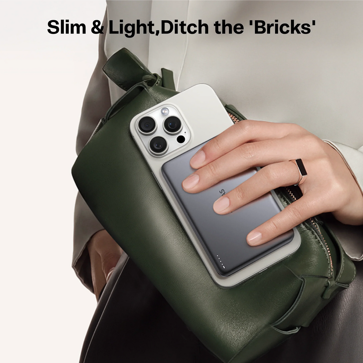 TORRAS MiniMag 10k mAh slim magnetic power bank attached to phone. 'Slim & Light'.