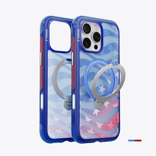 TORRAS Ostand Q3 Air Football Limited iPhone 16 Pro Max case, silver ring stand, US flag graphic.