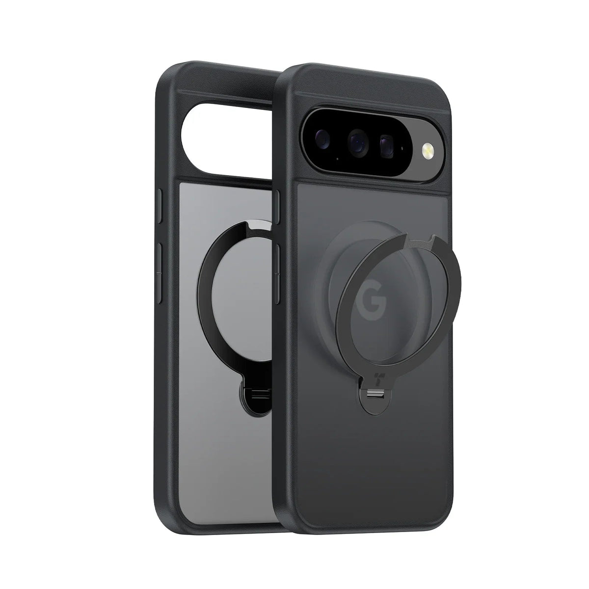 TORRAS Ostand Q3 Spin case for Google Pixel 10/10 Pro, black with clear back and rotating ring.