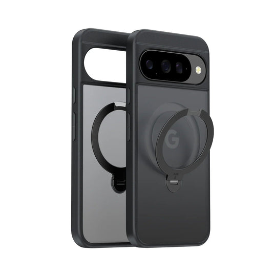TORRAS Ostand Q3 Spin case for Google Pixel 10/10 Pro, black with clear back and rotating ring.