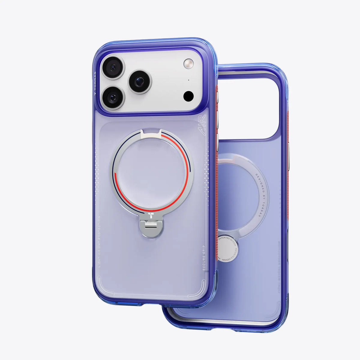 TORRAS Ostand Q3 Air Football Limited case for iPhone 17 Pro Max, clear purple, blue bumper.