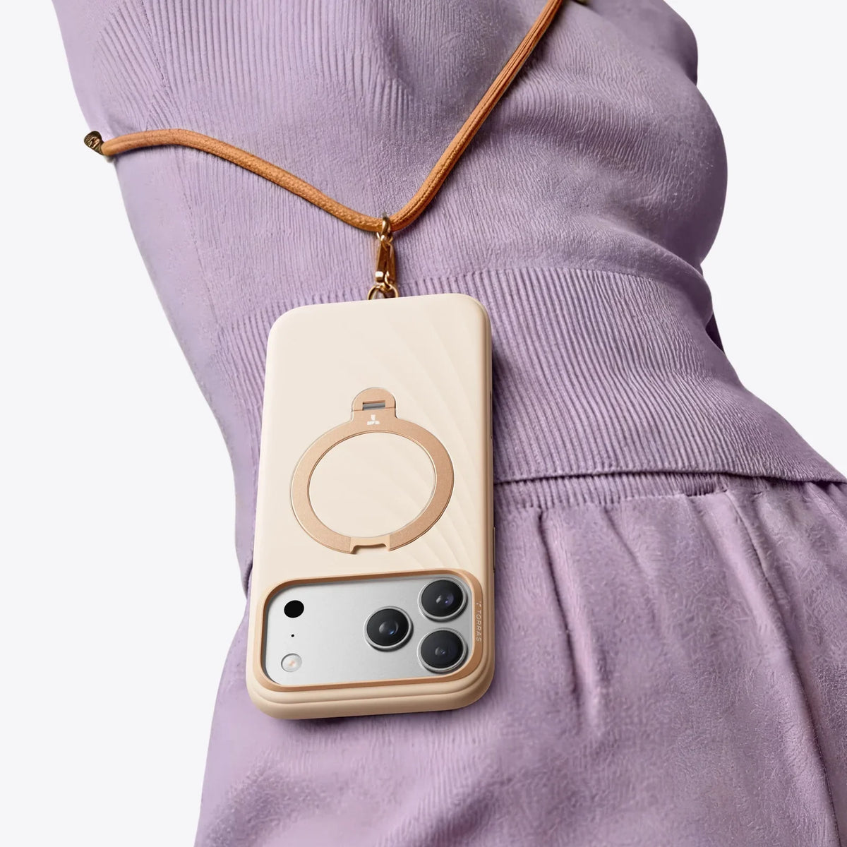 TORRAS Ostand Q3 beige silicone iPhone 17 Pro case with wood grain texture, magnetic stand, lanyard.