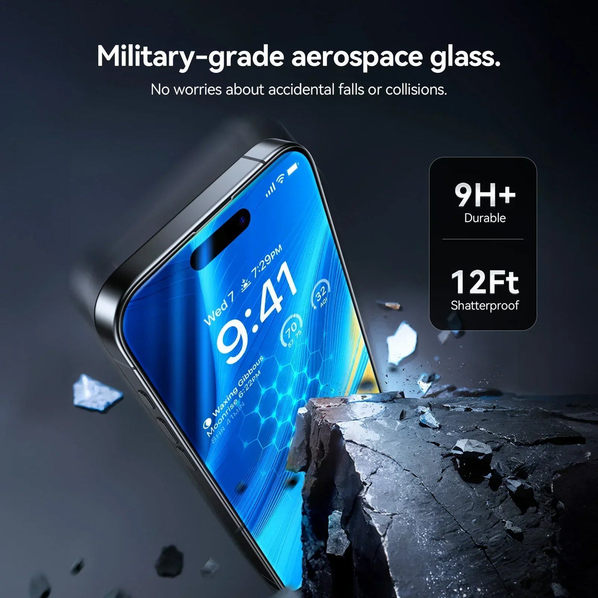 TORRAS GlassGo privacy screen protector for iPhone 16 Pro Max. Military-grade aerospace glass, 12ft shatterproof.
