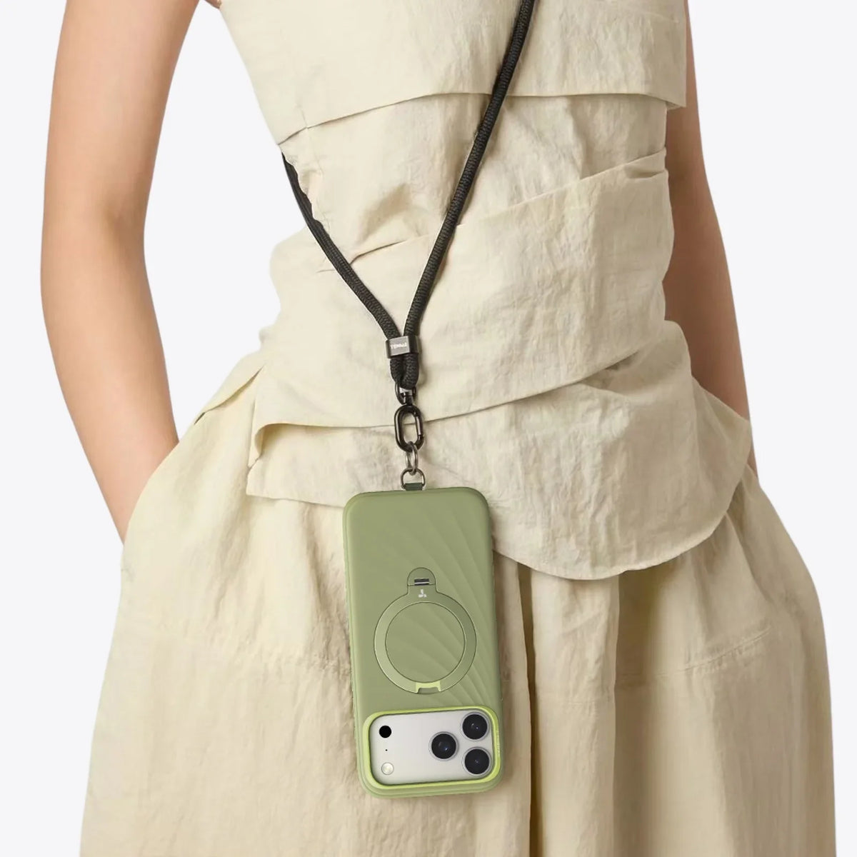 TORRAS Ostand Q3 silicone case in light green with ring stand & lanyard, for iPhone 17 Pro.