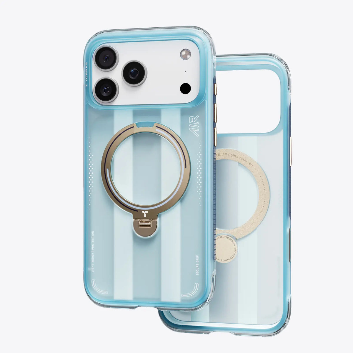 TORRAS Ostand Q3 Air case for iPhone 16 Pro Max, clear blue with gold ring stand.