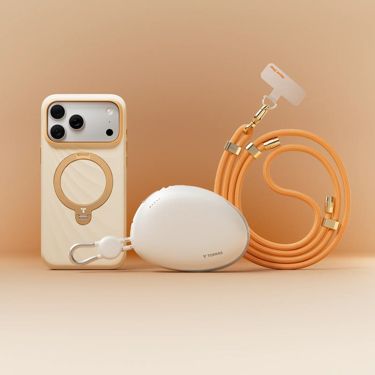 TORRAS Ostand Q3 Silicone case for iPhone 17 Pro with magnetic stand and orange lanyard.