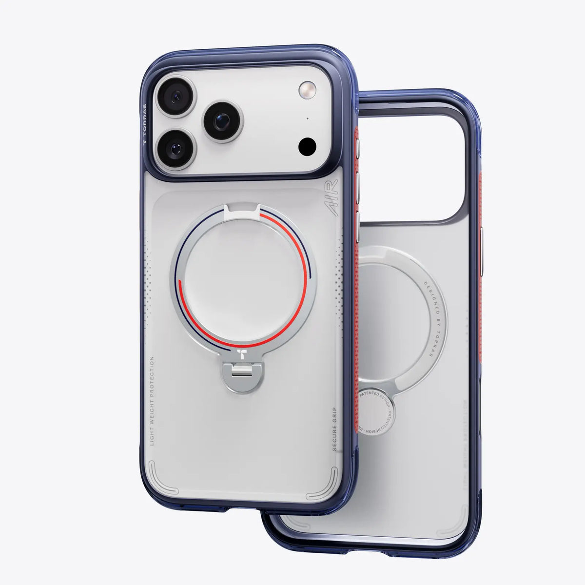 TORRAS Ostand Q3 AIR football limited iPhone 17 Pro case, blue frame, stand.