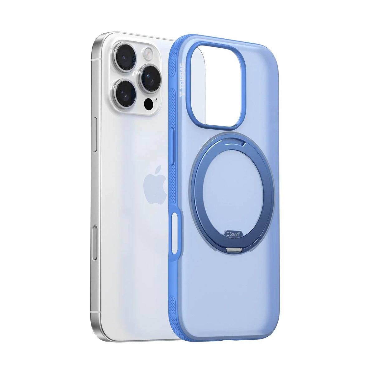 TORRAS Ostand O3 Fitness iPhone 16 Pro case with blue magnetic stand.