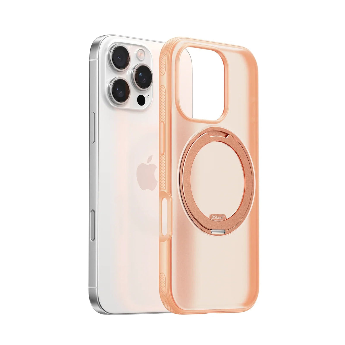 TORRAS Ostand O3 Fitness magnetic stand case for iPhone 16 Pro Max, translucent rose gold.